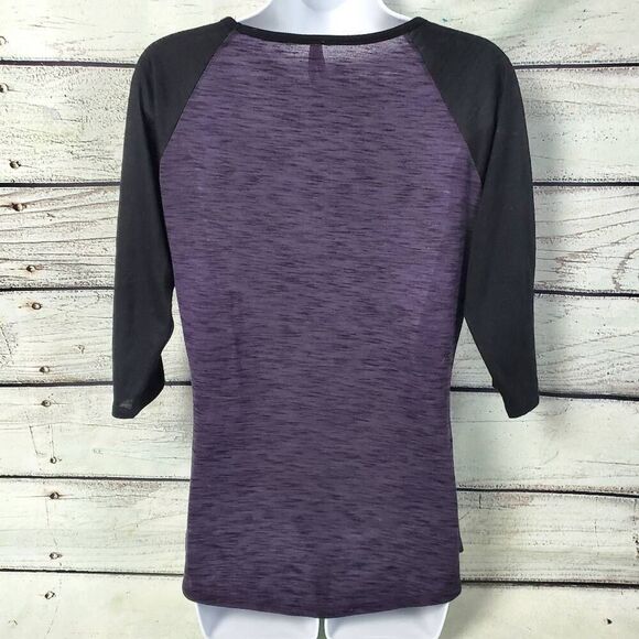 Vanity Essentials Purple Black Raglan Top Women’s Size M Crochet Detail 3/4 Slee - Picture 5 of 10